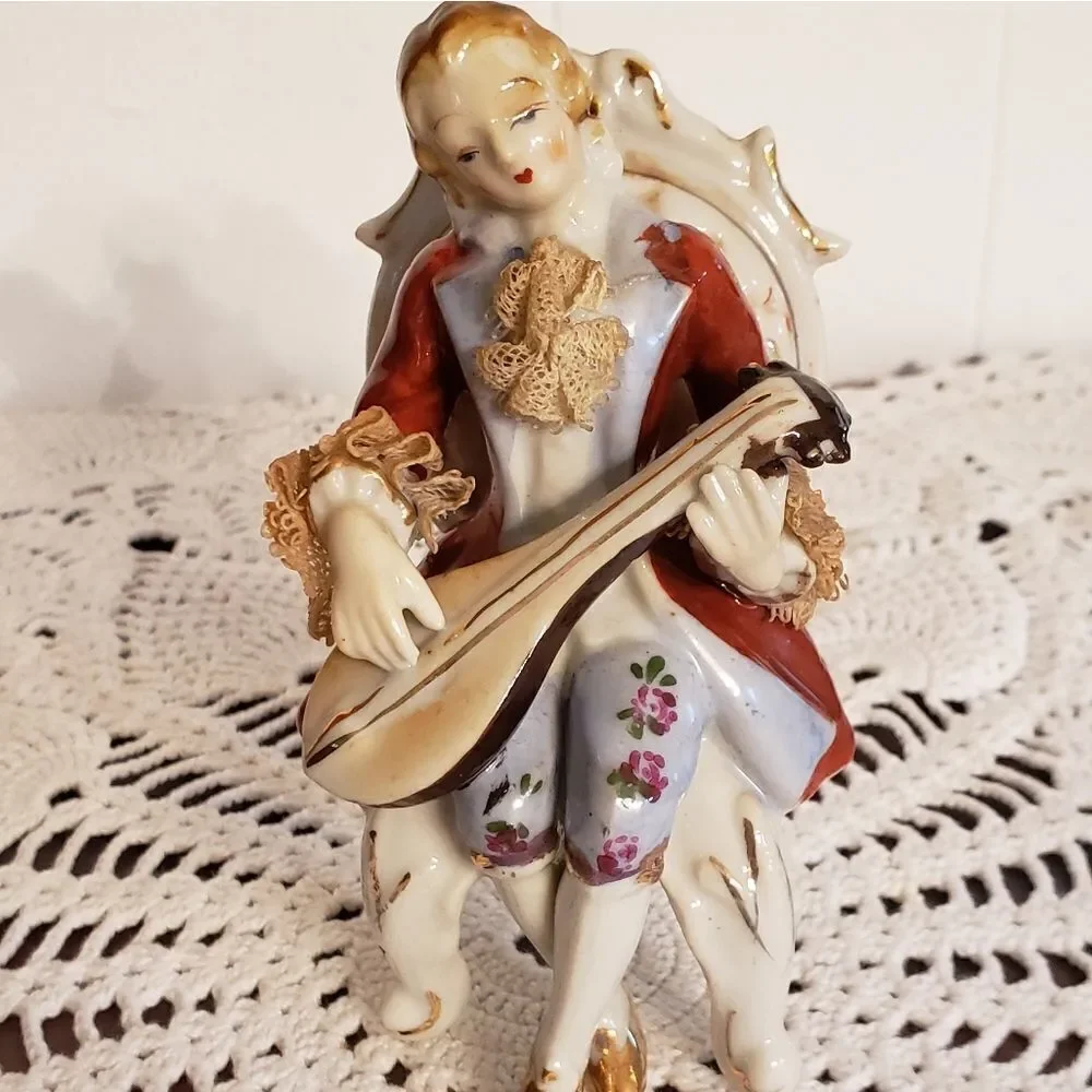 Vintage Victorian Man in Chair Playing Mandolin Porcelain Figurine